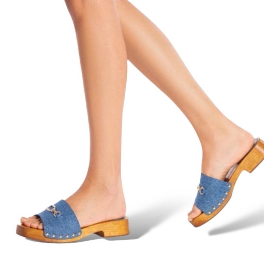 Larroude Zuzi Slip On Studded Embellished Platform Denim Sandals Clogs Size 8